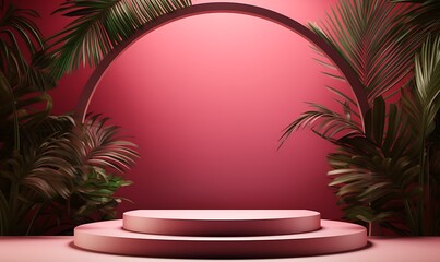 Fototapeta na wymiar round podium with palm trees and beautiful lighting. Generative Ai