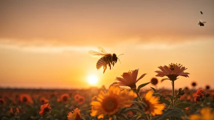 Poster Bee on yellow flowers in the meadow at sunset. Nature background © igor.nazlo