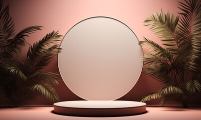 Obraz premium round podium with palm trees and beautiful lighting. Generative Ai