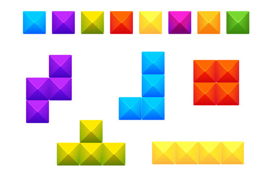 Tetris bricks set, colorfull blocks clasic logic game in cartoon style isolated on white background. Creative detailed shapes
