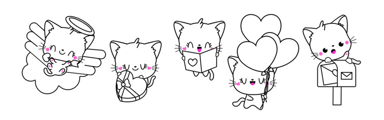 Collection of Vector Cat Outline Art. Set of Isolated Kitten Coloring Page Illustration.