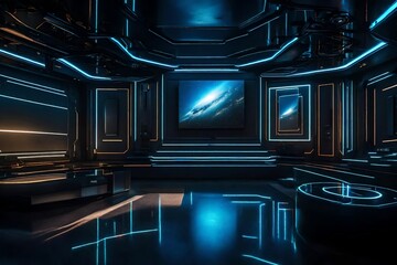 A picture of futuristic room with electronic gadgets. Black dominated, Dark, led lighting - AI Generative