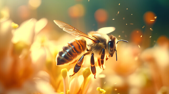 macro photography of honey bee flying around the rose flower