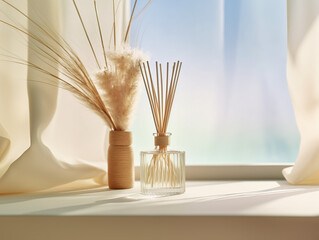 Close up of air freshener reed diffuser glass bottle on a white table, light shadow