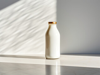 Close up of a milk bottle with a gold lid on a white table, light shadow
