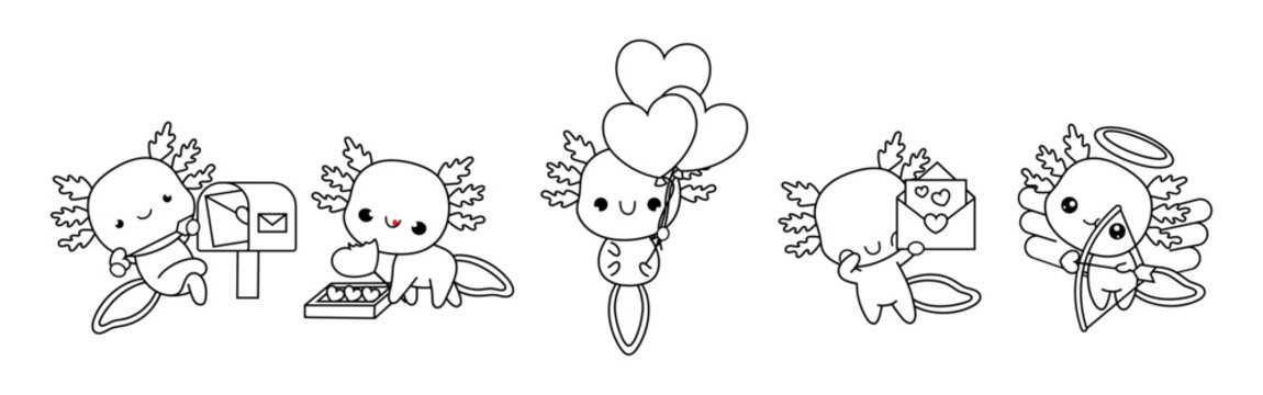 Collection of Vector Axolotl Outline Art. Set of Isolated Amphibian Coloring Page Illustration. 