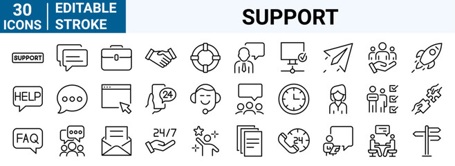 set of 30 line web icons help and support. Phone Assistant, Online Help, business people. Contact us Editable stroke.