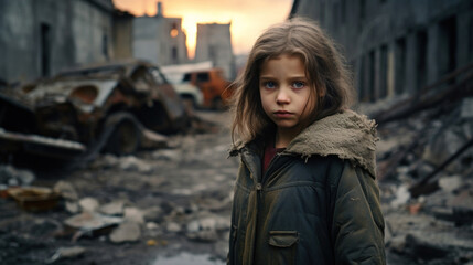 Portrait of a little girl against the backdrop of a bombed city - obrazy, fototapety, plakaty