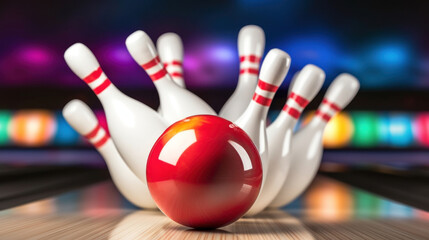 Red bowling ball breaks pins on a multicolored background - obrazy, fototapety, plakaty