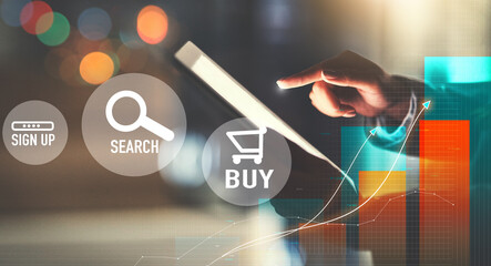 Hands, tablet screen and icons for online shopping, e commerce overlay and buy, sign up or search...