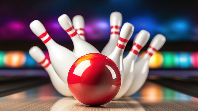 Red bowling ball breaks pins on a multicolored background