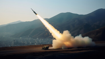 Launching a live missile from the ground. War concept