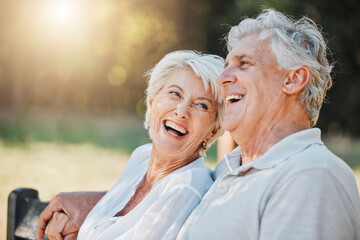 Senior couple, laughing or park bench in nature garden for love, support or bonding retirement...