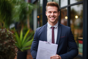 a professional smiling male job hunter holding a resume - obrazy, fototapety, plakaty