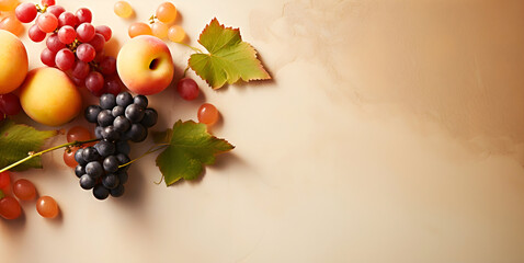 Autumn harvest, autumn fruits concept, flat lay fruits banner on warm cbackground, sunny and cozy fall scene