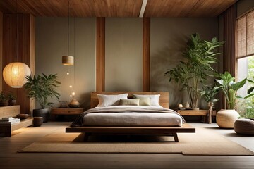 Minimalistic Zen-inspired Design Bedroom Relaxing with Earthy Tones, AI Generated