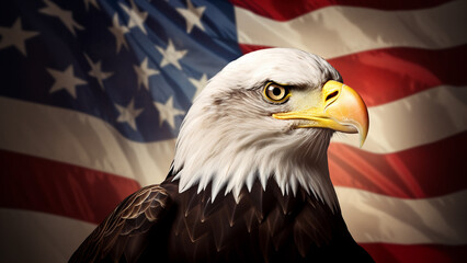 A majestic image of a bald eagle with the American flag in the background