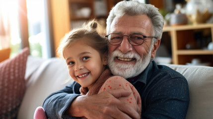 Portrait of happy granddaughters and grandfather in their home - Powered by Adobe