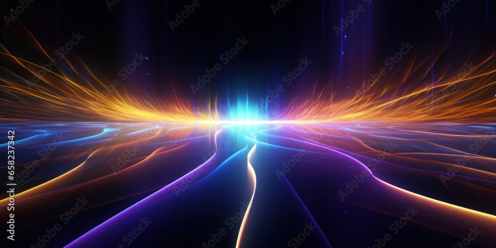 Poster abstract background with colorful glowing neon moving high speed line and wave and bokeh lights hori