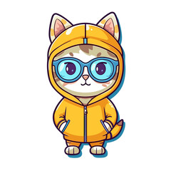Obraz premium Cute cool cat wearing glasses and hoodie cartoon , Illustration, Cartoon PNG