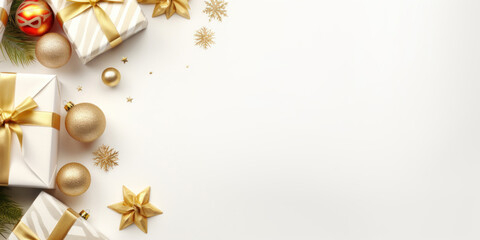 White gift boxes with gold bows and gold glass balls on a white Christmas background, top view