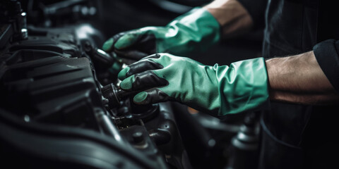 auto car mechanic shop, vehicle repairing service garage, close up of man engineer technician hands in gloves fixing battery of electric vehicle - obrazy, fototapety, plakaty