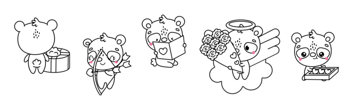 Set of Kawaii Panda Coloring Page Illustrations. Collection of Cute Vector Bear Outline .