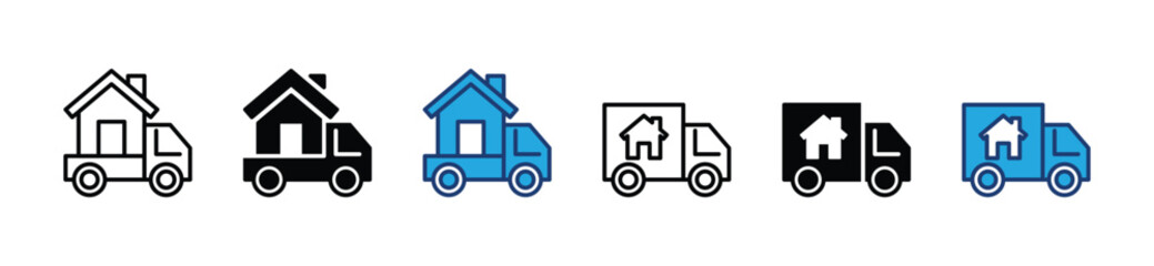 Moving house icons. Home and house with car, cargo, van, vehicle icon symbol for app and websites. Vector illustration