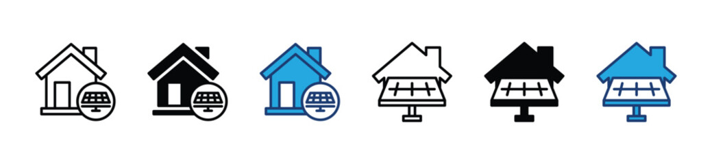 Energy efficient house icons. House or home with solar panel power icon symbol. Alternative electrical energy. Vector illustration