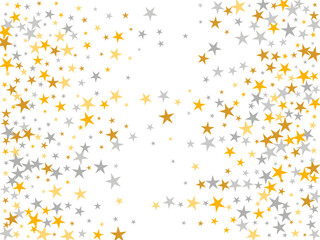 Decorative silver and gold stardust vector illustration. Many starburst spangles birthday decoration particles. Cartoon star dust background. Spangle symbols gift decor.