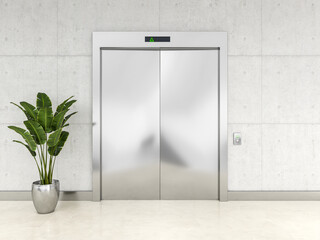  interior of a modern steel lift with closed doors