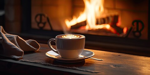 Cozy winter morning by fireplace with hot cocoa. Fireside comfort. Enjoying warm drink at home. Winter wonderland. Cup of tea by fireplace - obrazy, fototapety, plakaty