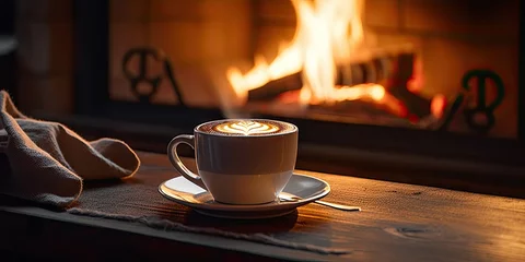 Foto op Plexiglas Cozy winter morning by fireplace with hot cocoa. Fireside comfort. Enjoying warm drink at home. Winter wonderland. Cup of tea by fireplace © Thares2020