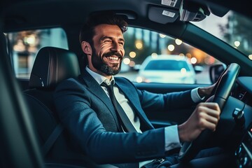 Mid adult man smiling while driving car and looking at mirror for reverse. Happy man feeling comfortable sitting on driver seat in his new car. Smiling mature businessman with seat belt on driving. - obrazy, fototapety, plakaty