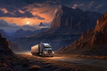 A contemporary truck traversing picturesque mountain landscape. Generative AI - obrazy, fototapety, plakaty