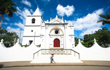 Front view of the Church of the Immaculate Conception of Mary. Nicaragua. "El Viejo", Chinandega. Simple and Beautiful Architecture, Catholic Church in Central America.