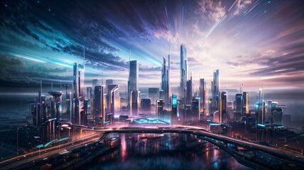 Futuristic city with high skyscrapers and high-rise buildings - obrazy, fototapety, plakaty