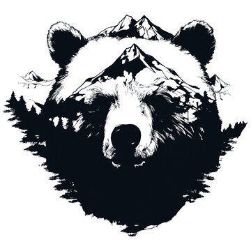 Illustration of a bear with mountains shape, isolated on transparent Background, Generative Ai.