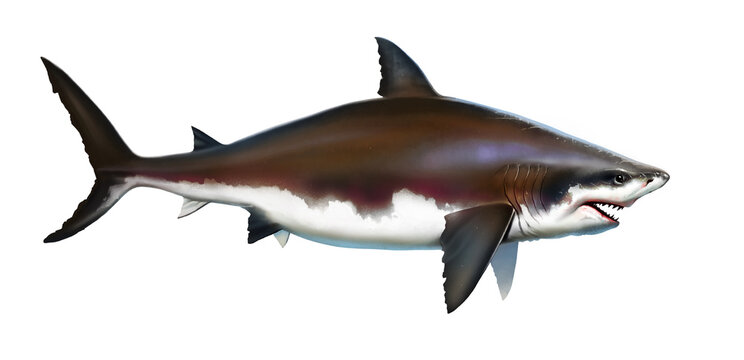 Great white shark killer side view illustration. Megalodon shark isolate realistic monster from the depths.