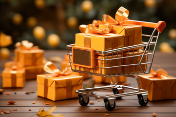 Shopping cart with different presents. Online shopping concept. Sales season.