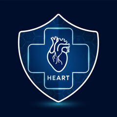 Heart icon inside shield with medical sign symbol cross futuristic. Medical health care innovation immunity protection. On dark blue background. Human lungs organ simple flat outline vector.