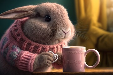 Fluffy bunny in a pink sweater with a pink cup. AI generated