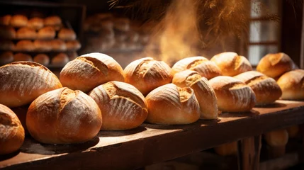 Foto op Plexiglas Delicious loaves of bread in a baker shop. Different types of bread loaves on bakery shelves © Ruslan Gilmanshin