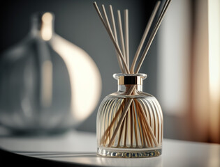 Close up of air freshener reed diffuser glass bottle on a white table, light shadow