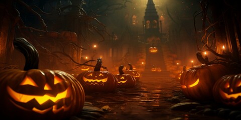 Naklejka premium halloween pumkins jack-o-lanterns background cinematic