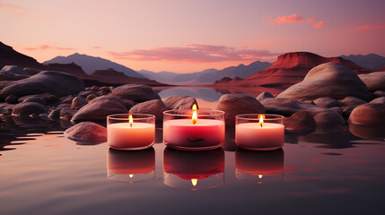Relaxation concept, candles, soft light, soft pink, warm orange, modern, minimal, spiritual, yoga