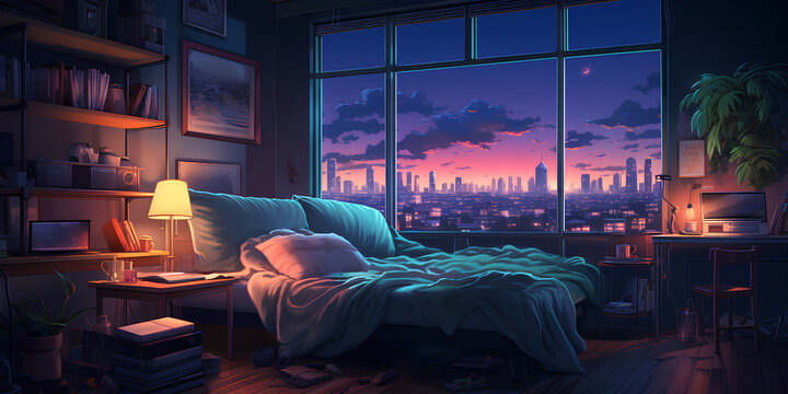 Fototapeta Lofi cozy bedroom apartment with city scrapes view from window night ambience