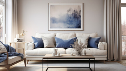 Fototapeta na wymiar Stylish and Scandinavian living room interior of modern apartment with sofa.