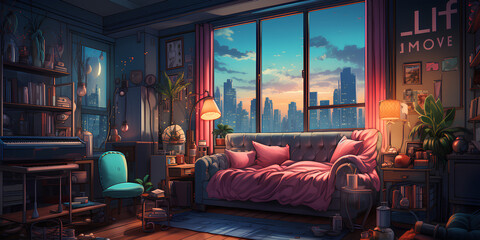 Lofi cozy bedroom apartment with city scrapes view from window night ambience