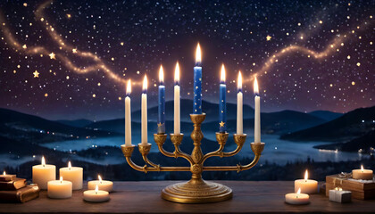 Hanukkah Candles Composition Items for Holiday Religious Celebration - obrazy, fototapety, plakaty